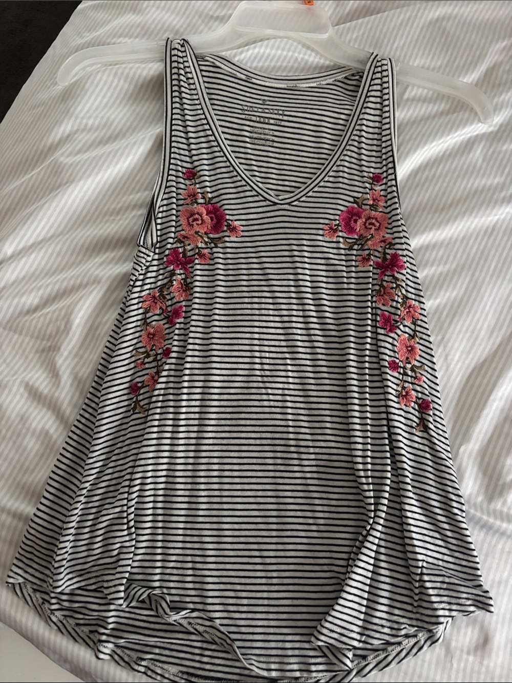 American Eagle Outfitters Black & White Striped Tank with Pink Floral Embroidery